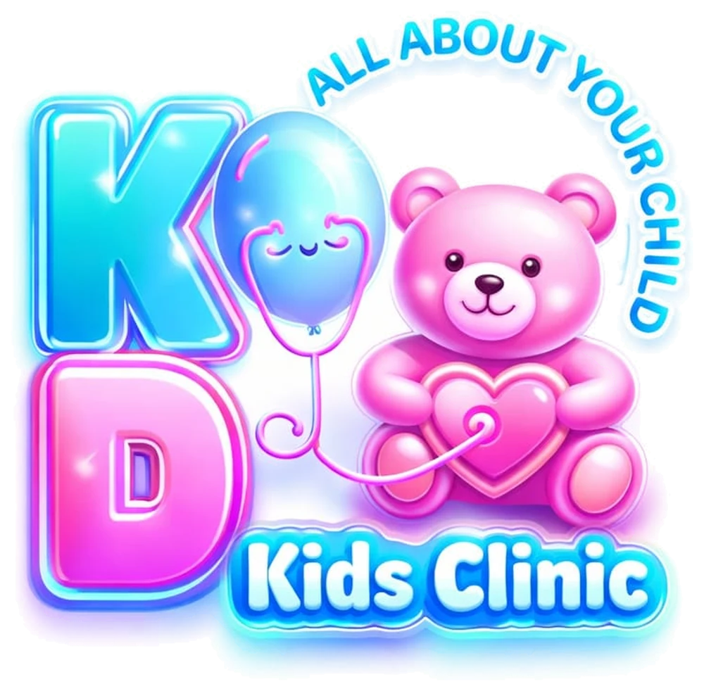 The KD Kids Clinic logo: a pink teddy bear holding a heart, a balloon and a stethoscope